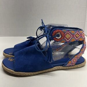 Sam Edelman Shae Sandals Suede Tasseled Ankle Wrap Beaded Flat Shoes Blue Size 8